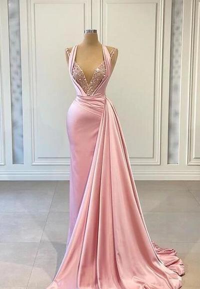 A Line Pink Stain Long Prom Dress with Beading