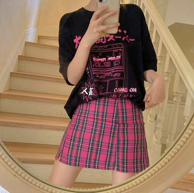 Rose Red Checkboard Split Plaid Skirt