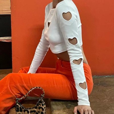 Heart cut out retro white long sleeve t-shirt crop top streetwear summer aesthetic casual e-girl kawaii korean japanese harajuku - Thumbnail 4