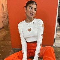 Heart Cut Out Retro White Long Sleeve T-shirt Crop Top Streetwear Summer Aesthetic Casual E-Girl Kawaii Korean Japanese Harajuku - Thumbnail 1