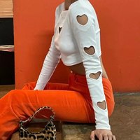Heart Cut Out Retro White Long Sleeve T-shirt Crop Top Streetwear Summer Aesthetic Casual E-Girl Kawaii Korean Japanese Harajuku - Thumbnail 3