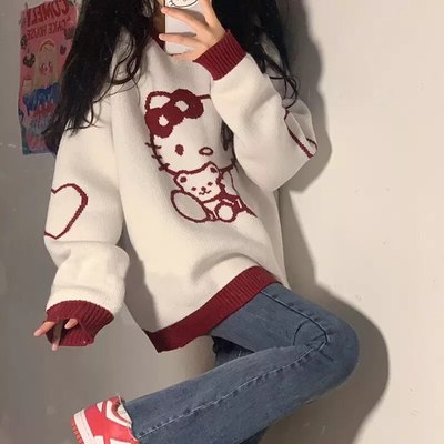 Kitty cat cartoon long sleeve shirt knit sweater sweatshirt pullover aesthetic casual e-girl kawaii korean japanese harajuku - Thumbnail 4
