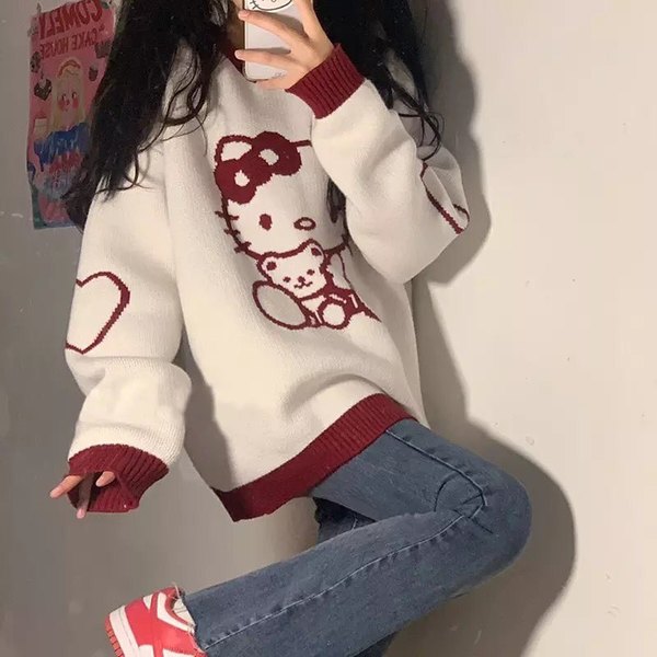 Kitty Cat Cartoon Long Sleeve Shirt Knit Sweater Sweatshirt Pullover Aesthetic Casual E-Girl Kawaii Korean Japanese Harajuku