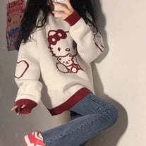 Kitty Cat Cartoon Long Sleeve Shirt Knit Sweater Sweatshirt Pullover Aesthetic Casual E-Girl Kawaii Korean Japanese Harajuku