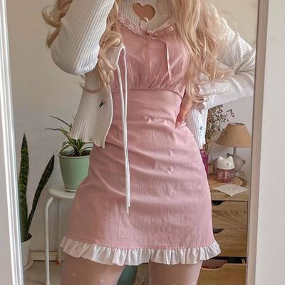 Pink ruffles short sleeve lace patchwork dress summer aesthetic casual e-girl kawaii korean japanese harajuku