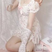 White Floral Puff Short Sleeve Lace Patchwork Mini Dress Summer Aesthetic Casual E-Girl Kawaii Korean Japanese Harajuku - Thumbnail 3
