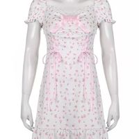 White Floral Puff Short Sleeve Lace Patchwork Mini Dress Summer Aesthetic Casual E-Girl Kawaii Korean Japanese Harajuku - Thumbnail 4