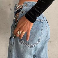 Chain High Waist Straight Denim Jeans Legs Light Blue Pants Summer Aesthetic Casual E-Girl Kawaii Korean Japanese Harajuku - Thumbnail 2