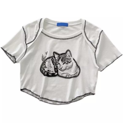 Cat cartoon graphic print short sleeve shirt crop top summer aesthetic casual e-girl kawaii korean japanese harajuku - Thumbnail 3