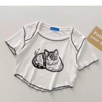 Cat Cartoon Graphic Print Short Sleeve Shirt Crop Top Summer Aesthetic Casual E-Girl Kawaii Korean Japanese Harajuku - Thumbnail 4
