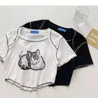 Cat Cartoon Graphic Print Short Sleeve Shirt Crop Top Summer Aesthetic Casual E-Girl Kawaii Korean Japanese Harajuku - Thumbnail 5