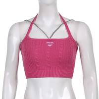 90s Pink Chain Knit Halter Crop Top Backless Tank Sleeveless Shirt Summer Aesthetic Casual E-Girl Kawaii Korean Japanese Harajuku - Thumbnail 5