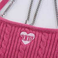 90s Pink Chain Knit Halter Crop Top Backless Tank Sleeveless Shirt Summer Aesthetic Casual E-Girl Kawaii Korean Japanese Harajuku - Thumbnail 8