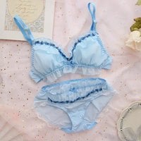 Sweet Fairy Blue Lace Bra + Panty Set Underwear Lingerie Summer Aesthetic Casual E-Girl Kawaii Korean Japanese Harajuku - Thumbnail 2