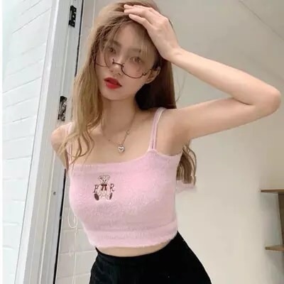 Bear embroidery knit crop top spaghetti strap tank sleeveless shirt summer aesthetic casual e-girl kawaii korean japanese harajuku