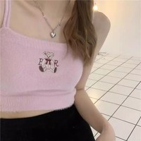 Bear Embroidery Knit Crop Top Spaghetti Strap Tank Sleeveless Shirt Summer Aesthetic Casual E-Girl Kawaii Korean Japanese Harajuku - Thumbnail 1