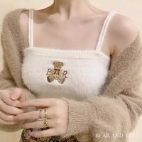 Bear Embroidery Knit Crop Top Spaghetti Strap Tank Sleeveless Shirt Summer Aesthetic Casual E-Girl Kawaii Korean Japanese Harajuku - Thumbnail 2