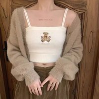 Bear Embroidery Knit Crop Top Spaghetti Strap Tank Sleeveless Shirt Summer Aesthetic Casual E-Girl Kawaii Korean Japanese Harajuku - Thumbnail 3