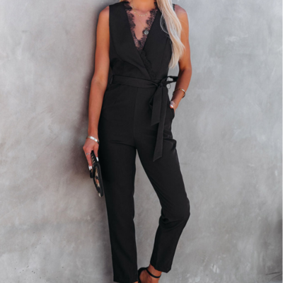 V-neck sexy lace pocket jumpsuit