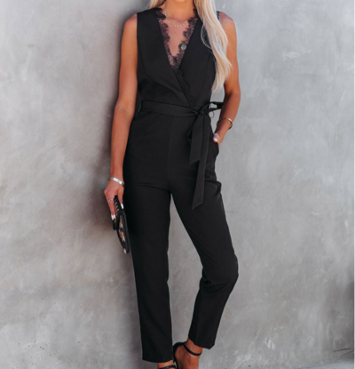 V-Neck Sexy Lace Pocket Jumpsuit