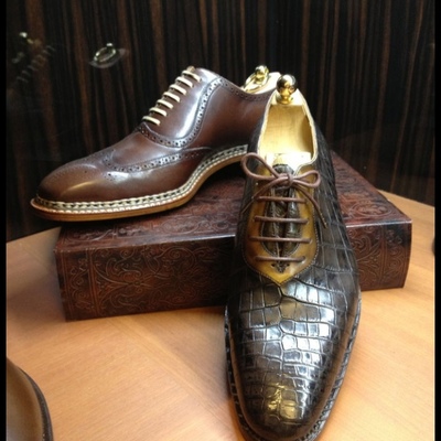 Outclass dark brown alligator skin leather shoes, hand made lace up shoes for gentlemen
