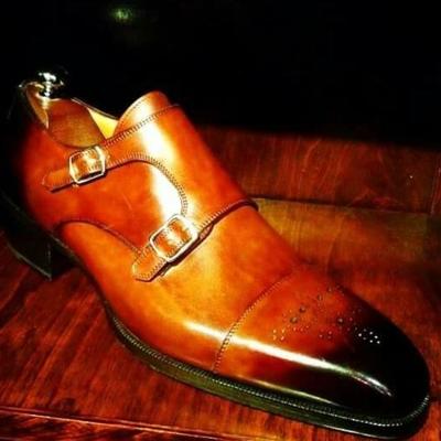 Luxury men's hand stitch brown black monk style shoes, leather brogue shoes - Thumbnail 2