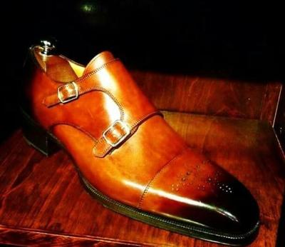 Luxury Men's Hand Stitch Brown Black Monk Style Shoes, Leather Brogue Shoes