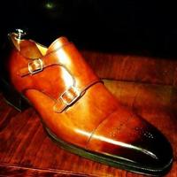 Luxury Men's Hand Stitch Brown Black Monk Style Shoes, Leather Brogue Shoes - Thumbnail 1