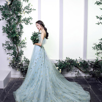 Blue tulle sequins long prom dress blue evening dress - Thumbnail 2