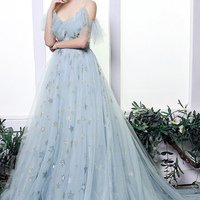 Blue tulle sequins long prom dress blue evening dress - Thumbnail 3