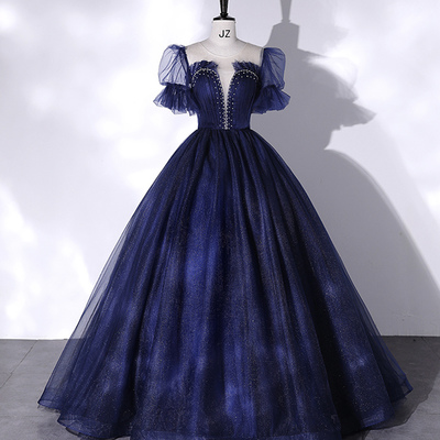 Blue tulle sequins long prom dress blue evening gown