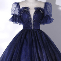 Blue tulle sequins long prom dress blue evening gown - Thumbnail 1