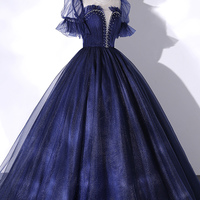 Blue tulle sequins long prom dress blue evening gown - Thumbnail 2