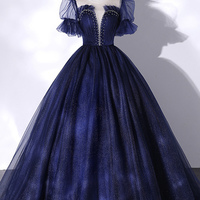 Blue tulle sequins long prom dress blue evening gown - Thumbnail 4