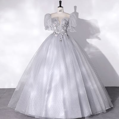 Gray tulle lace long prom dress a line evening gown - Thumbnail 2