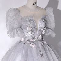 Gray tulle lace long prom dress A line evening gown - Thumbnail 1