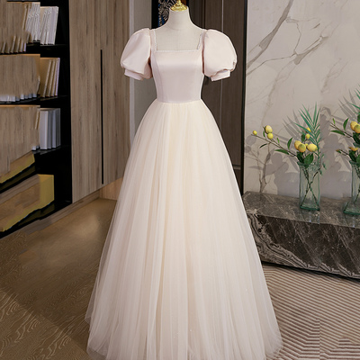 Pink satin tulle long prom dress pink evening dress - Thumbnail 1