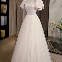 Pink satin tulle long prom dress pink evening dress - Thumbnail 3