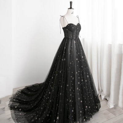 Black tulle long prom dress a line evening dress - Thumbnail 2
