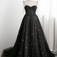 Black tulle long prom dress A line evening dress - Thumbnail 1