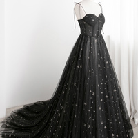 Black tulle long prom dress A line evening dress - Thumbnail 4