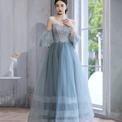 Blue tulle sequins long prom dress blue evening dress - Thumbnail 1