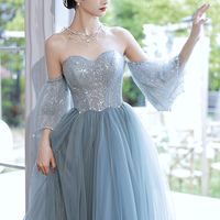 Blue tulle sequins long prom dress blue evening dress - Thumbnail 1