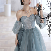 Blue tulle sequins long prom dress blue evening dress - Thumbnail 4