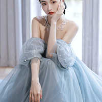 Blue tulle sequins long prom dress blue evening dress - Thumbnail 6