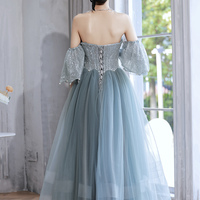 Blue tulle sequins long prom dress blue evening dress - Thumbnail 7