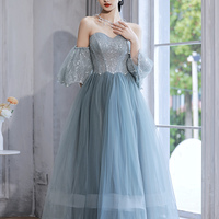 Blue tulle sequins long prom dress blue evening dress - Thumbnail 8