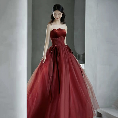 Burgundy tulle sequins long prom dress evening dress - Thumbnail 3