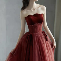 Burgundy tulle sequins long prom dress evening dress - Thumbnail 1