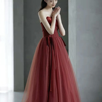 Burgundy tulle sequins long prom dress evening dress - Thumbnail 2